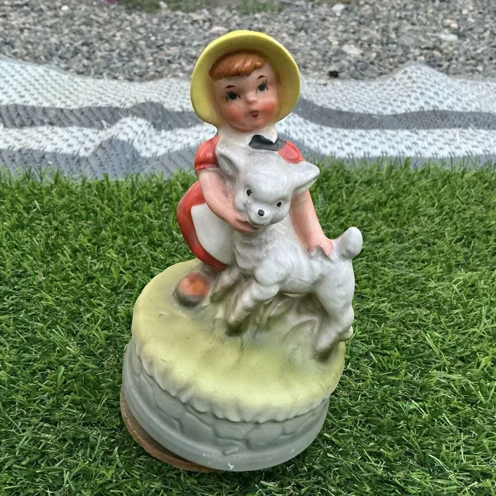 Lot of 2 Vintage Porcelain Child Figurines Girl Lamb Children Umbrella Music Box